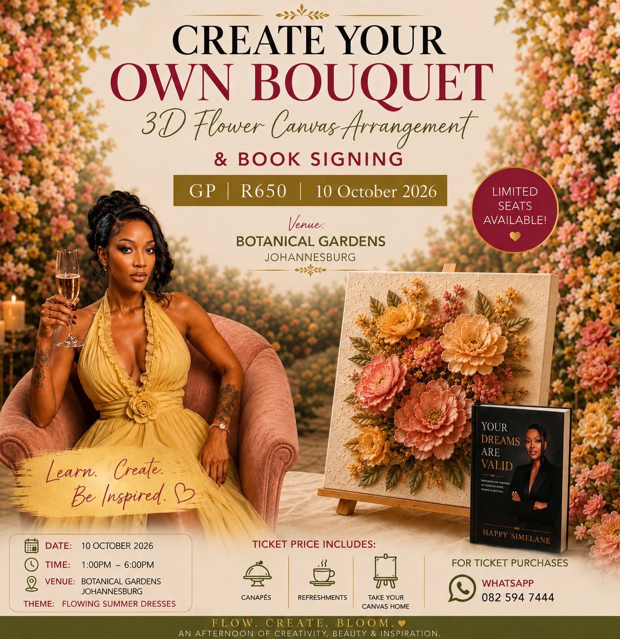 Create Your Own Bouquet — 3D Flower Canvas Arrangement & Book Signing poster, Saturday 10 October 2026, Botanical Gardens Johannesburg