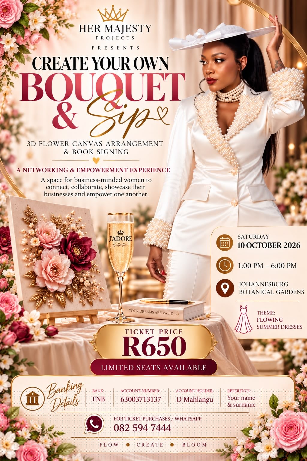 Create Your Own Bouquet and Sip event poster, Saturday 10 October 2026, Johannesburg Botanical Gardens