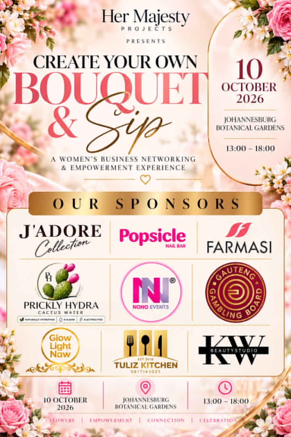 Create Your Own Bouquet and Sip sponsor poster featuring all event sponsors