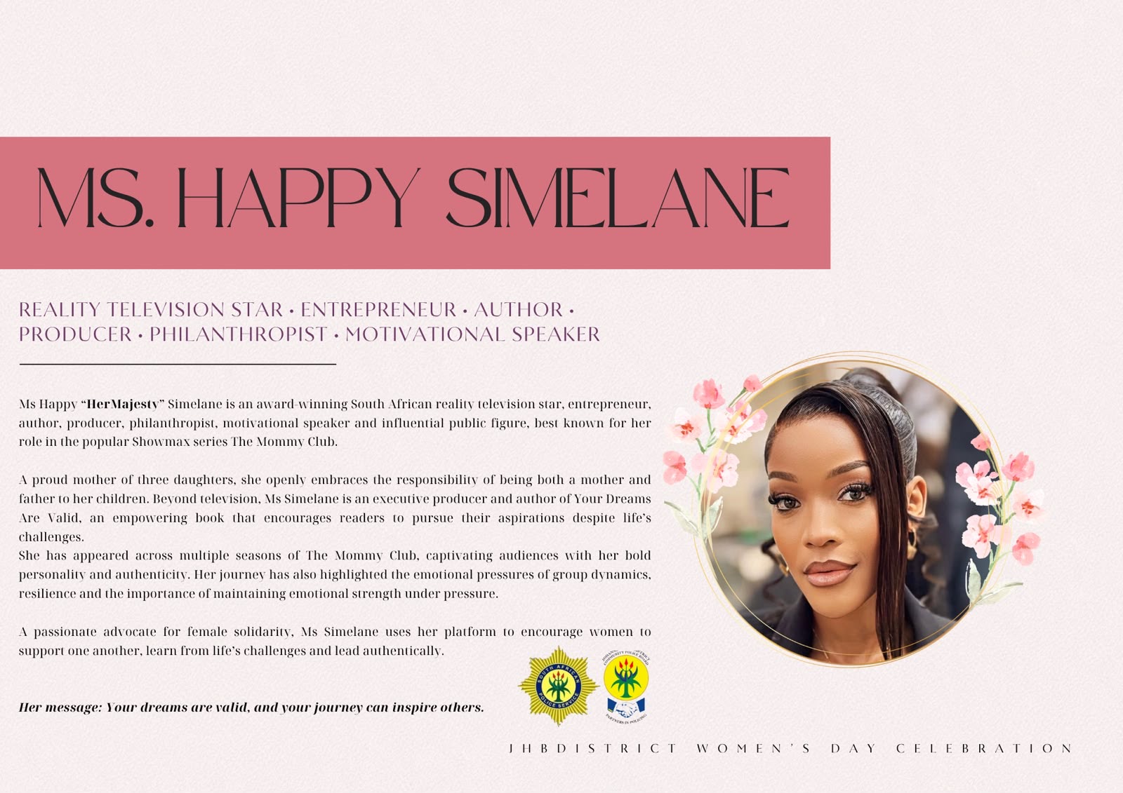 Ms. Happy Simelane — reality television star, entrepreneur, author, producer, philanthropist and motivational speaker