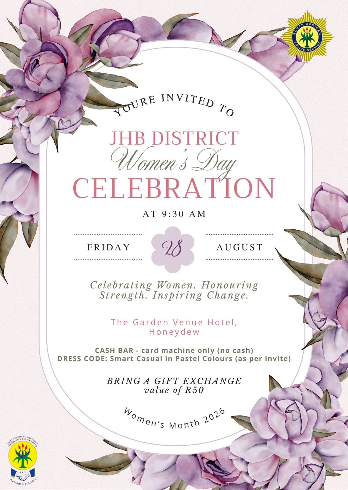 JHB District Women's Day Celebration invite — Friday 28 August 2026, The Garden View Hotel, Honeydew